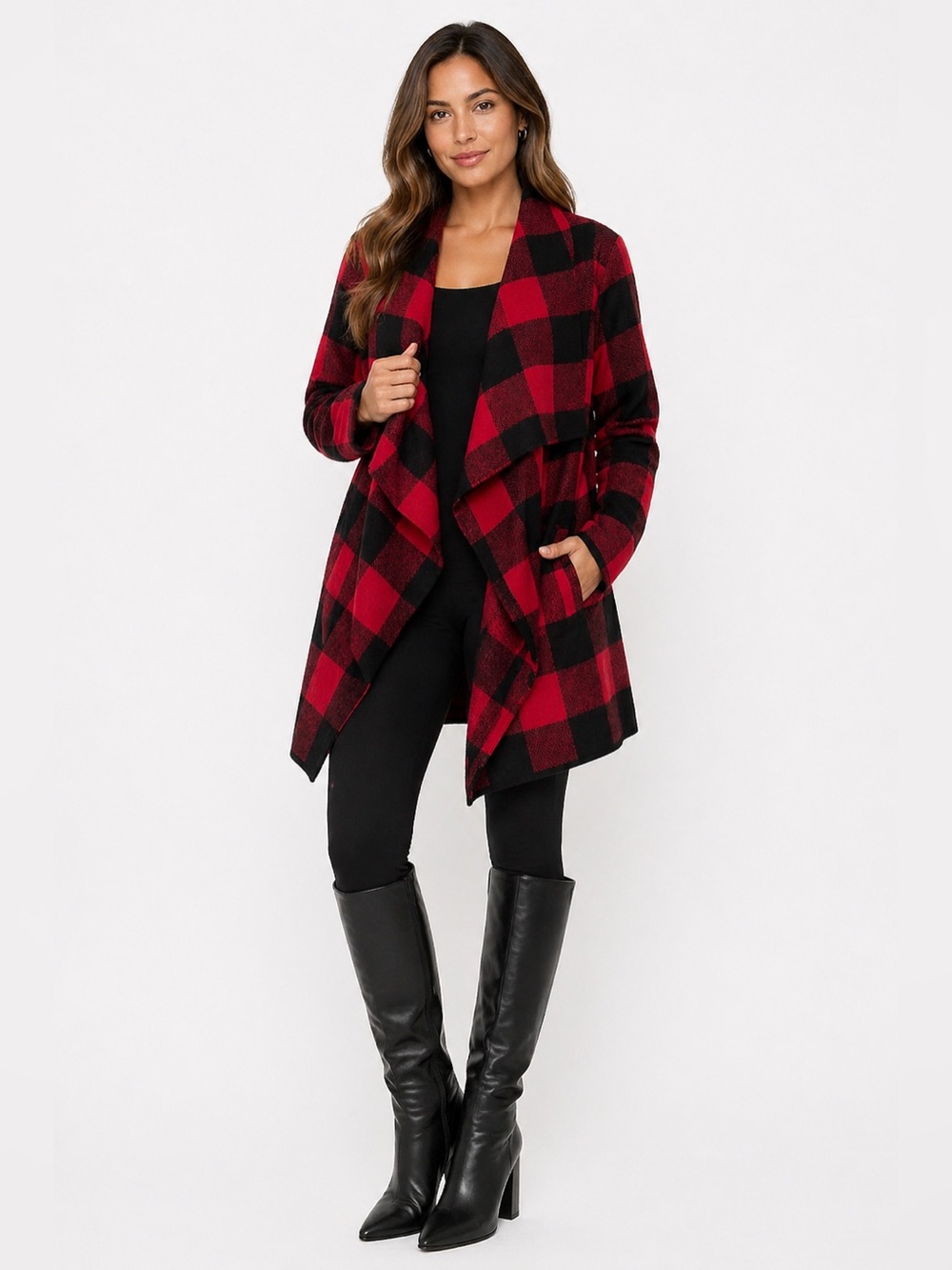 Lauren Ralph Lauren Red & Black Plaid Open-Front Cardigan - 100% WOOL